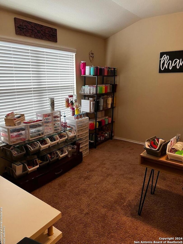 interior space featuring carpet and lofted ceiling