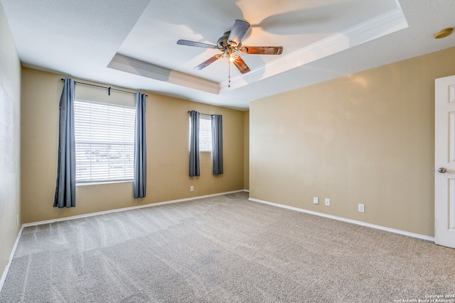 carpeted spare room with a raised ceiling, ceiling fan, and ornamental molding