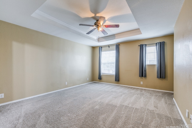 unfurnished room featuring light colored carpet, a raised ceiling, and ceiling fan