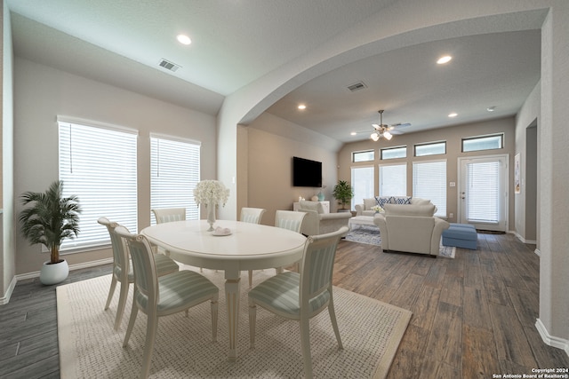 dining room with vaulted ceiling, ceiling fan, a wealth of natural light, and dark hardwood / wood-style floors