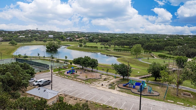 bird's eye view with a water view