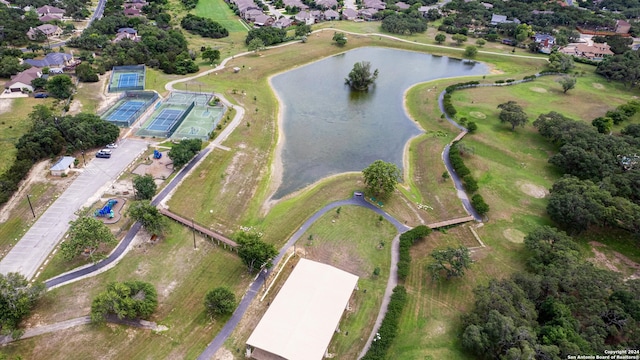 drone / aerial view with a water view