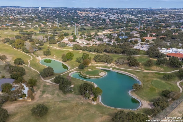 drone / aerial view with a water view