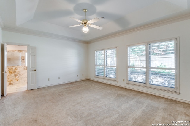 carpeted empty room with a tray ceiling, crown molding, and ceiling fan