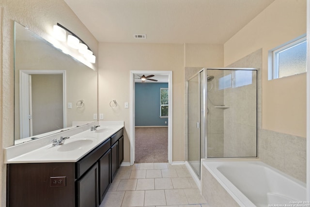 bathroom with vanity, tile patterned floors, ceiling fan, and independent shower and bath