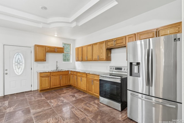 kitchen featuring a tray ceiling, light stone countertops, sink, and appliances with stainless steel finishes