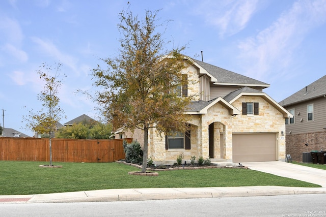 view of front of house with cooling unit and a front lawn