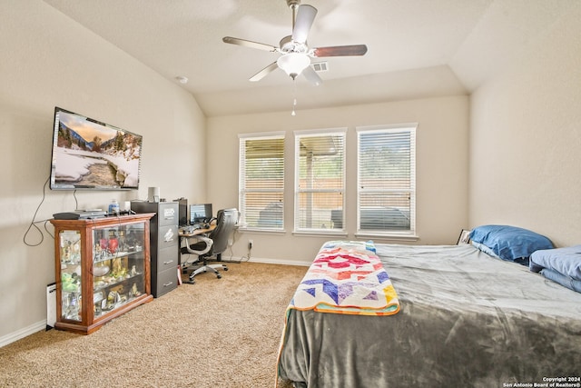 bedroom featuring ceiling fan, carpet, and lofted ceiling