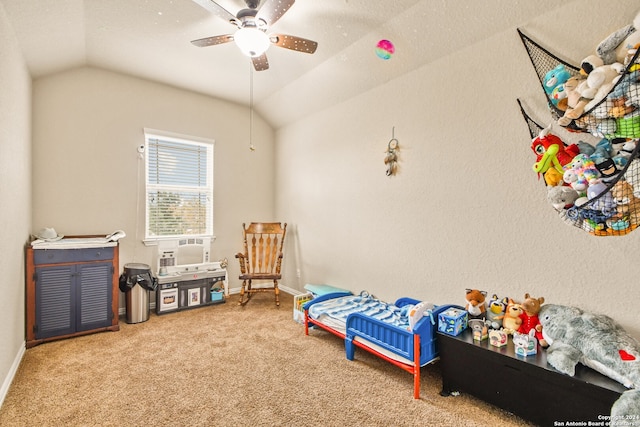 rec room with carpet, ceiling fan, and lofted ceiling