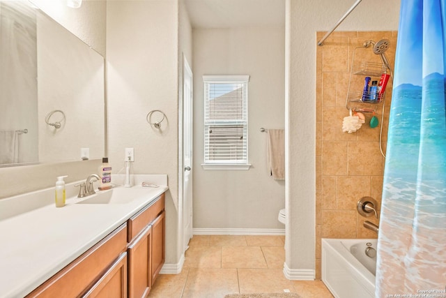 full bathroom featuring toilet, shower / tub combo with curtain, vanity, and tile patterned flooring