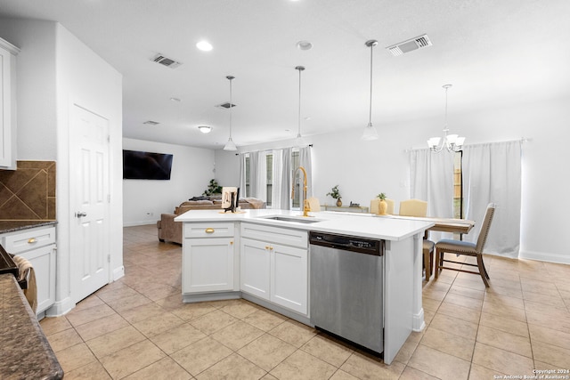 kitchen with white cabinetry, a kitchen island with sink, sink, and stainless steel dishwasher