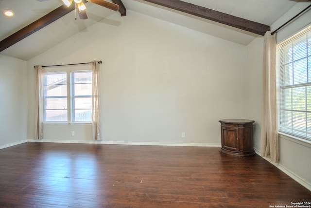 empty room with vaulted ceiling with beams, ceiling fan, and dark hardwood / wood-style floors