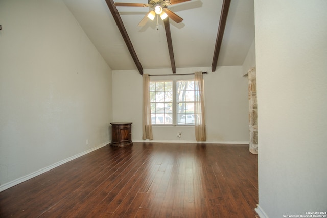 unfurnished living room featuring vaulted ceiling with beams, ceiling fan, and dark hardwood / wood-style floors