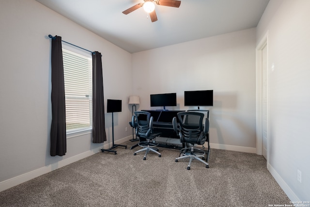 home office with carpet flooring and ceiling fan