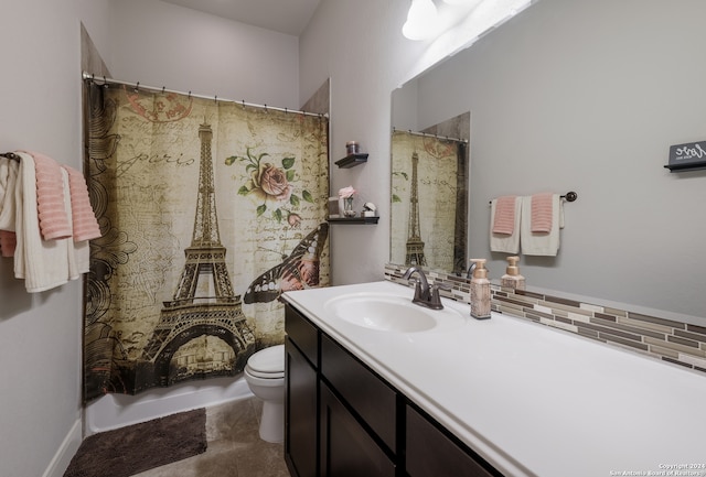 bathroom with a shower with curtain, decorative backsplash, toilet, and vanity