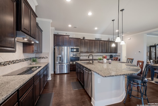 kitchen featuring sink, dark hardwood / wood-style flooring, an island with sink, a breakfast bar area, and appliances with stainless steel finishes