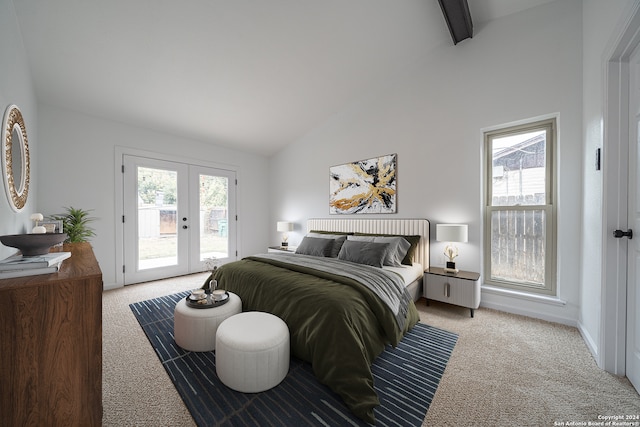 carpeted bedroom featuring access to exterior, french doors, high vaulted ceiling, and beamed ceiling