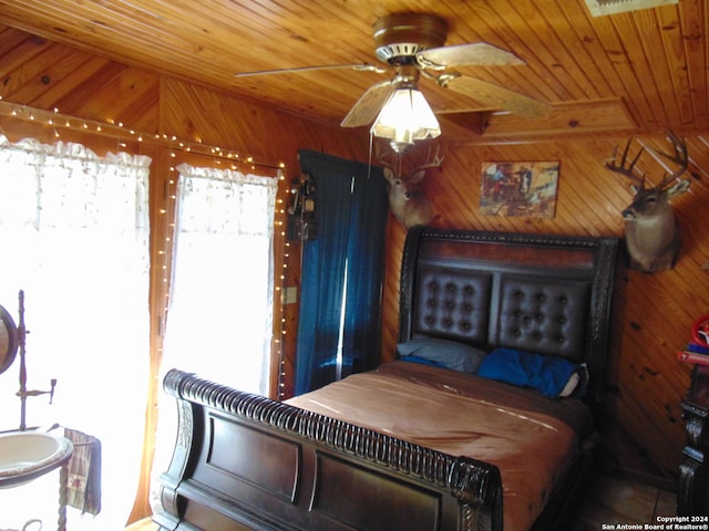 bedroom featuring wood ceiling and wooden walls