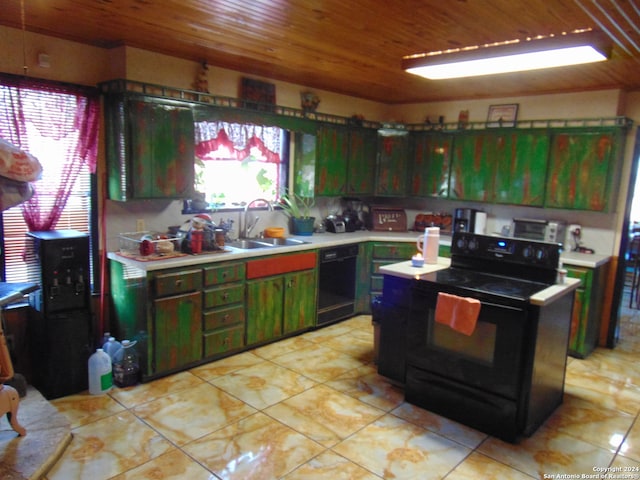 kitchen featuring black appliances, a healthy amount of sunlight, wood ceiling, and sink