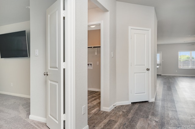 corridor with dark hardwood / wood-style floors