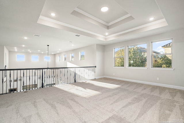 empty room featuring carpet floors, a tray ceiling, and crown molding