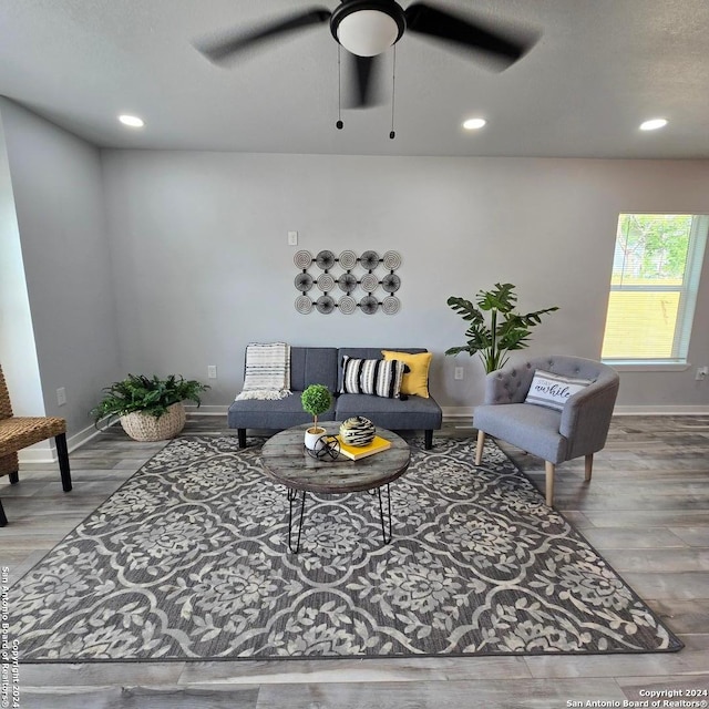 living room featuring wood-type flooring and ceiling fan