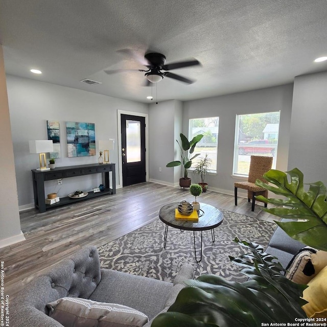 living room with hardwood / wood-style flooring, ceiling fan, and a textured ceiling