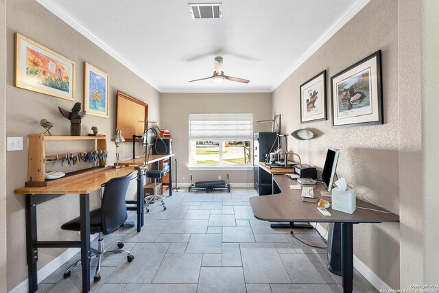 office area featuring ceiling fan and ornamental molding