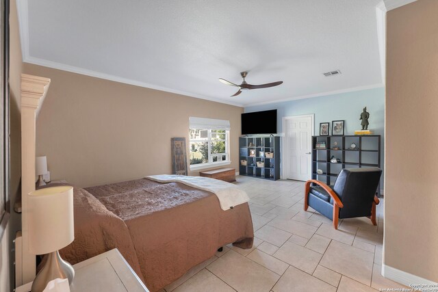 tiled bedroom featuring ceiling fan and ornamental molding