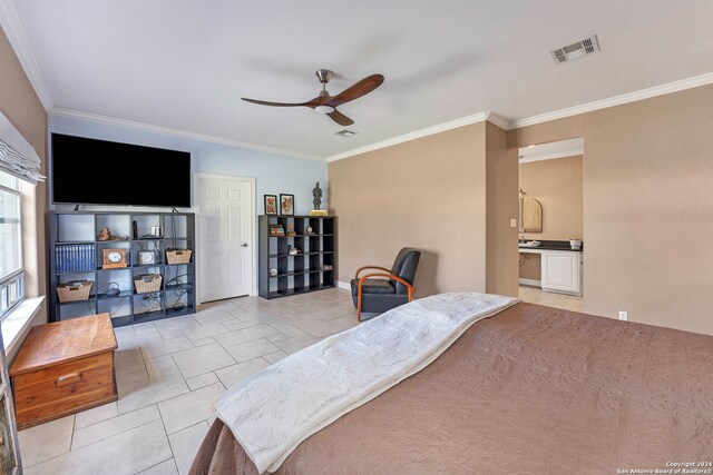 bedroom with ceiling fan, ornamental molding, and light tile patterned floors