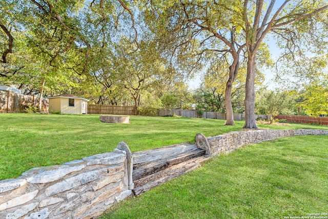 view of yard featuring a storage shed