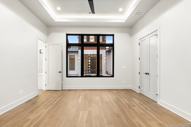 spare room featuring a raised ceiling and light wood-type flooring