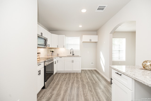 kitchen featuring a wealth of natural light, sink, appliances with stainless steel finishes, and light hardwood / wood-style flooring