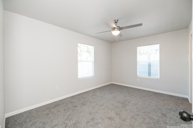 spare room featuring carpet flooring, ceiling fan, and a wealth of natural light