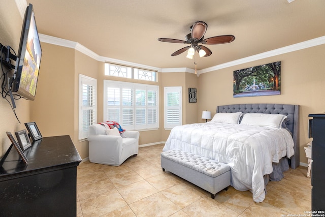 bedroom with ceiling fan, ornamental molding, and light tile patterned floors