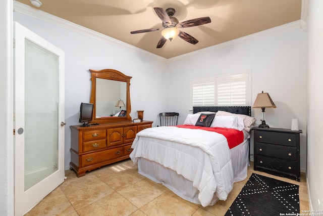 tiled bedroom with ceiling fan and crown molding