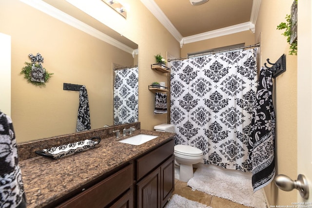 bathroom with tile patterned flooring, vanity, toilet, and crown molding