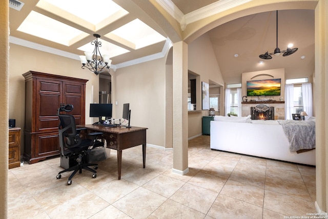 tiled home office with vaulted ceiling, ornamental molding, and an inviting chandelier