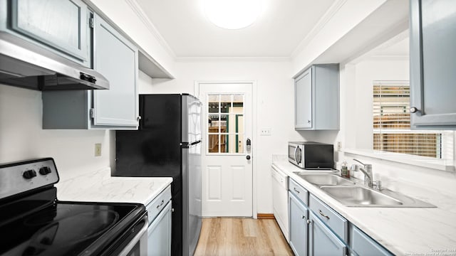 kitchen featuring crown molding, light wood-type flooring, stainless steel appliances, and a wealth of natural light