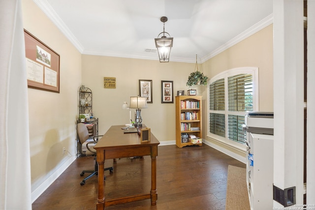 home office with crown molding and dark wood-type flooring