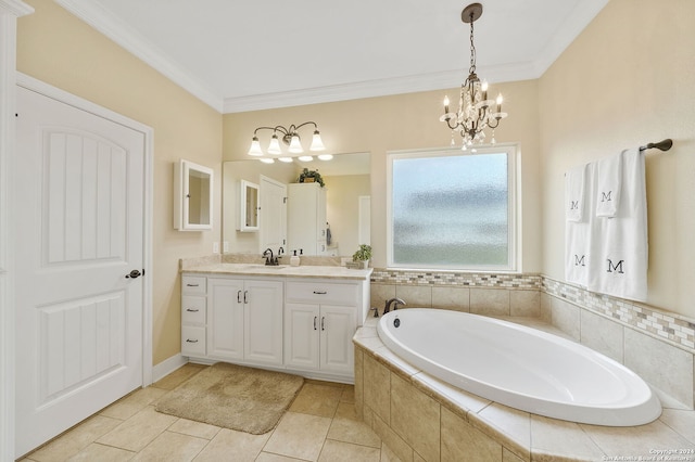 bathroom with vanity, tile patterned floors, crown molding, a notable chandelier, and tiled bath