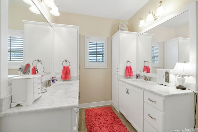 bathroom with hardwood / wood-style floors and vanity