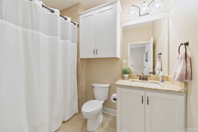 bathroom featuring tile patterned floors, a shower with curtain, vanity, and toilet