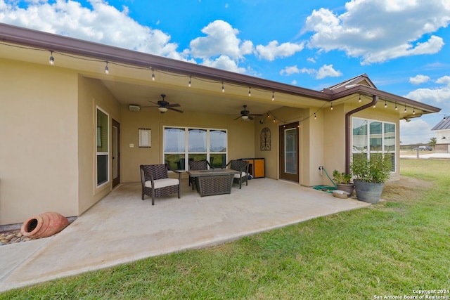 view of patio with ceiling fan and an outdoor hangout area