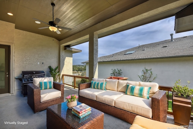 view of patio featuring outdoor lounge area, ceiling fan, and a grill