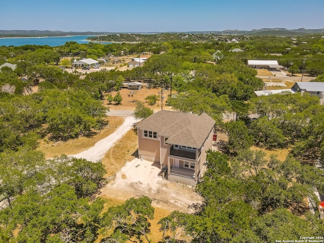 drone / aerial view with a water view