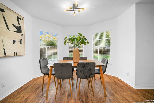 dining room featuring hardwood / wood-style flooring, an inviting chandelier, and a healthy amount of sunlight