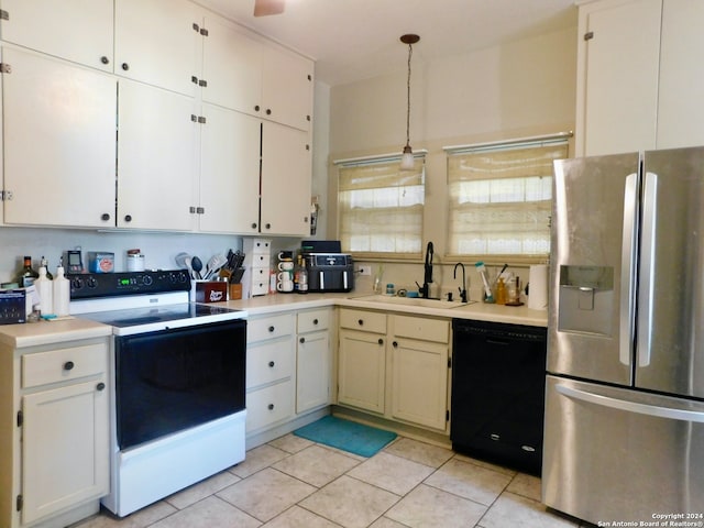 kitchen featuring dishwasher, white cabinets, electric stove, stainless steel refrigerator with ice dispenser, and decorative light fixtures