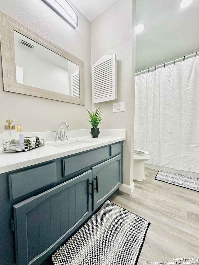 bathroom with hardwood / wood-style floors, vanity, and toilet