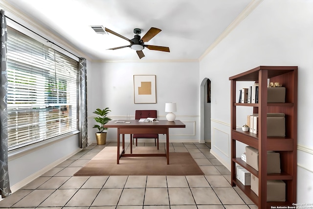 tiled office space with crown molding and ceiling fan